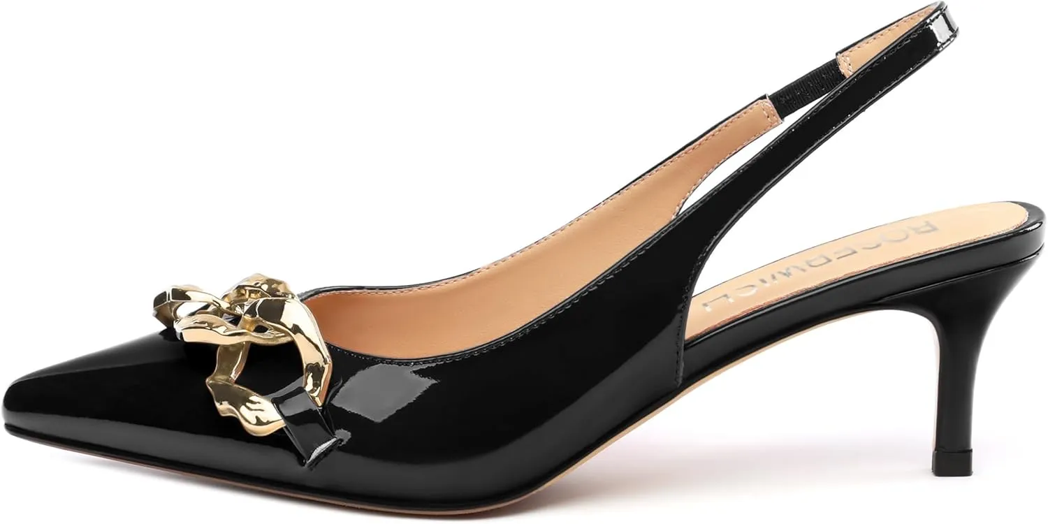 ROSERWISH Women's Slingback Kitten Heels Pointed Closed Toe Low Heel Pumps Patent Wedding Party Casual 2 inch Dress Shoes