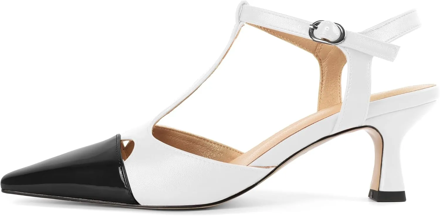 SAMMITOP Womens Kitten Heels T Strap Closed Pointed Toe Pumps Low Heel Ankle Strap Wedding Party Evening Dance Dress Shoes 2.5 Inches