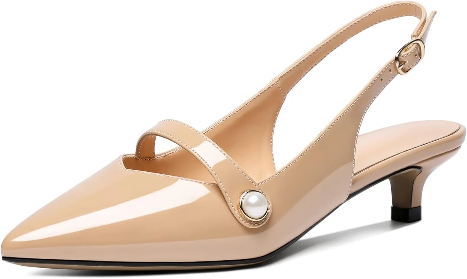 SAMMITOP Women's Slingback Kitten Heels Pumps Pointed Toe Low Heels Strap Closed Toe Pearl Bridal Heels Wedding Party Dress Shoes