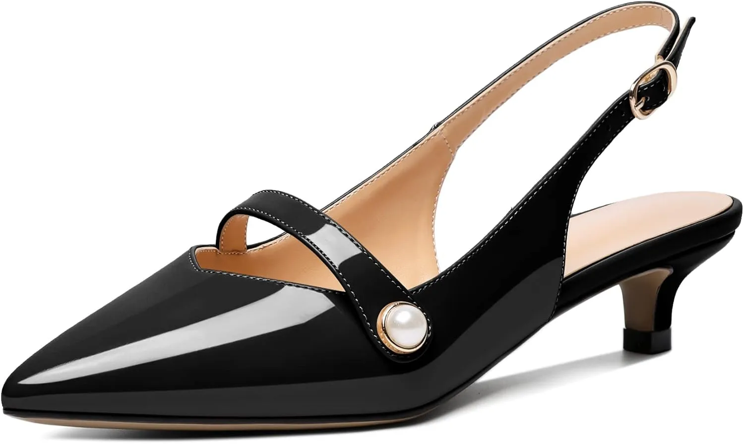 SAMMITOP Women's Slingback Kitten Heels Pumps Pointed Toe Low Heels Strap Closed Toe Pearl Bridal Heels Wedding Party Dress Shoes