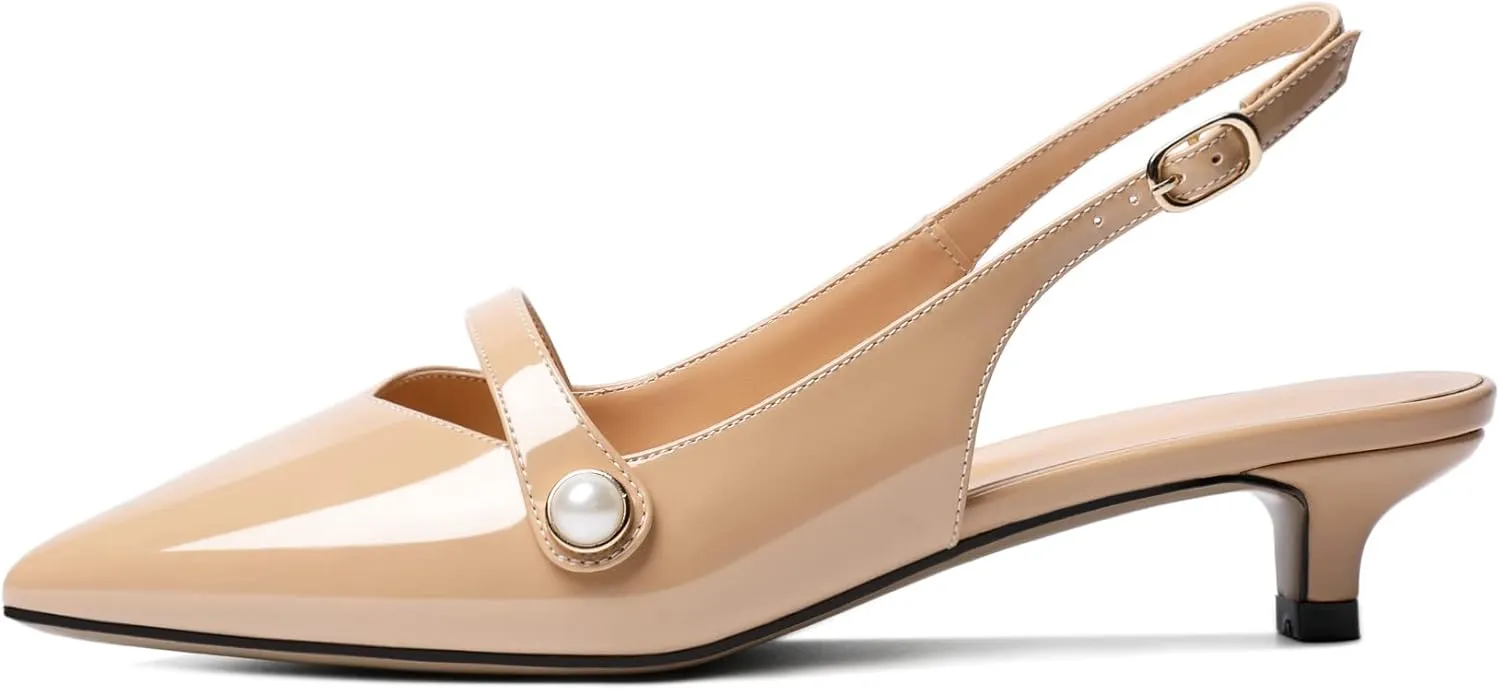 SAMMITOP Women's Slingback Kitten Heels Pumps Pointed Toe Low Heels Strap Closed Toe Pearl Bridal Heels Wedding Party Dress Shoes