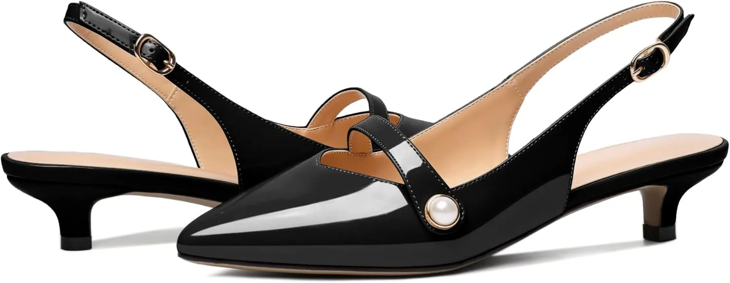 SAMMITOP Women's Slingback Kitten Heels Pumps Pointed Toe Low Heels Strap Closed Toe Pearl Bridal Heels Wedding Party Dress Shoes