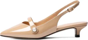 SAMMITOP Women's Slingback Kitten Heels Pumps Pointed Toe Low Heels Strap Closed Toe Pearl Bridal Heels Wedding Party Dress Shoes