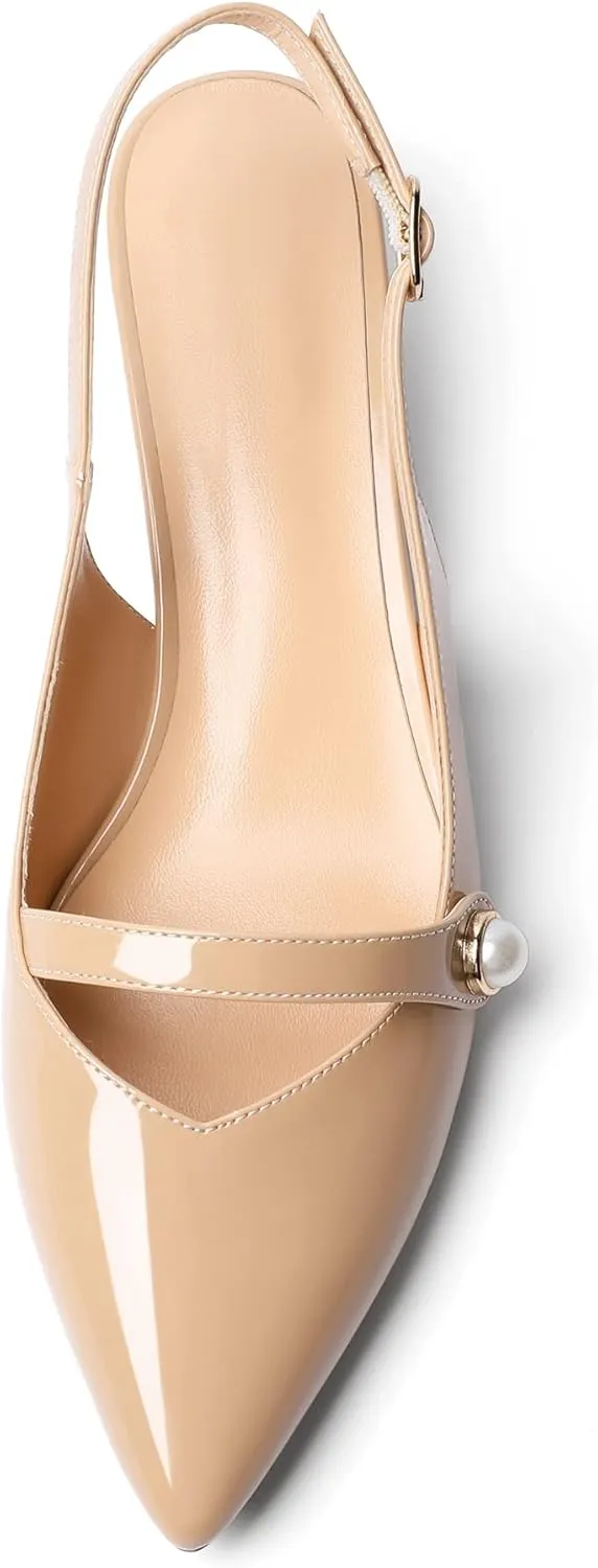SAMMITOP Women's Slingback Kitten Heels Pumps Pointed Toe Low Heels Strap Closed Toe Pearl Bridal Heels Wedding Party Dress Shoes