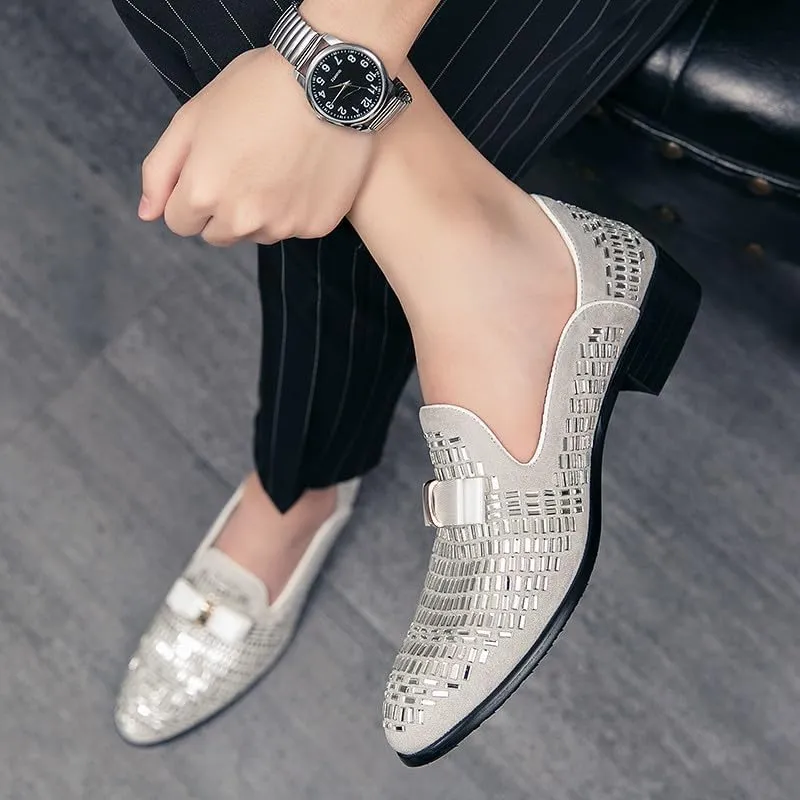 Santimon Men's Leather Loafers Rhinestone Formal Dress Shoes Banquet with Bowtie Penny Flats Slip-On Prom Wedding Tuxedo Shoes