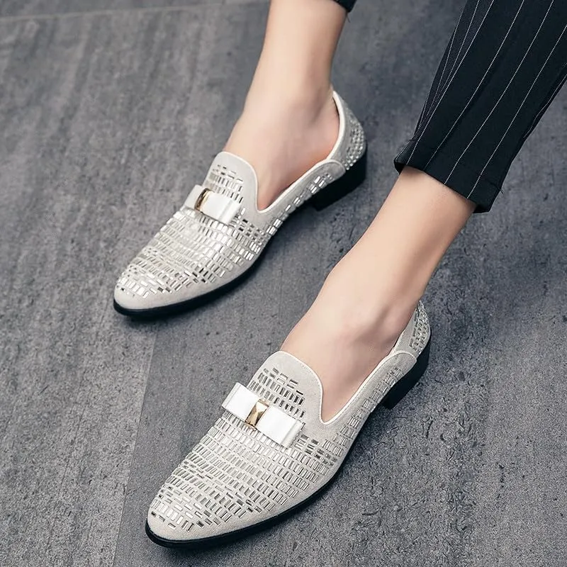 Santimon Men's Leather Loafers Rhinestone Formal Dress Shoes Banquet with Bowtie Penny Flats Slip-On Prom Wedding Tuxedo Shoes