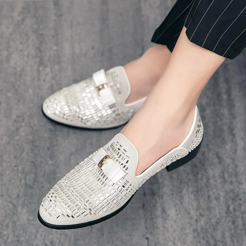 Santimon Men's Leather Loafers Rhinestone Formal Dress Shoes Banquet with Bowtie Penny Flats Slip-On Prom Wedding Tuxedo Shoes