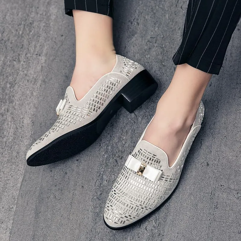 Santimon Men's Leather Loafers Rhinestone Formal Dress Shoes Banquet with Bowtie Penny Flats Slip-On Prom Wedding Tuxedo Shoes