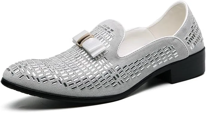 Santimon Men's Leather Loafers Rhinestone Formal Dress Shoes Banquet with Bowtie Penny Flats Slip-On Prom Wedding Tuxedo Shoes