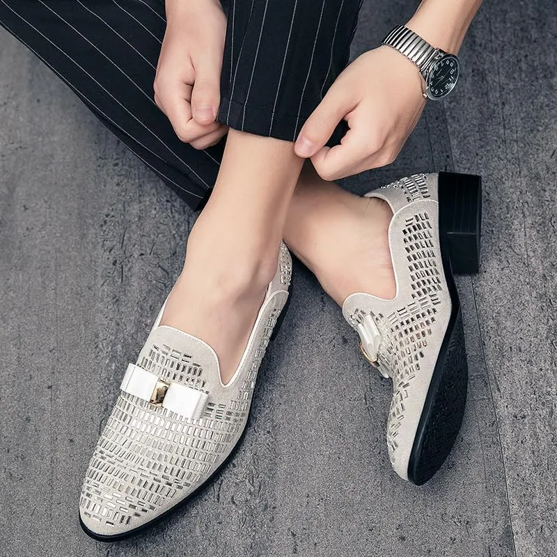 Santimon Men's Leather Loafers Rhinestone Formal Dress Shoes Banquet with Bowtie Penny Flats Slip-On Prom Wedding Tuxedo Shoes