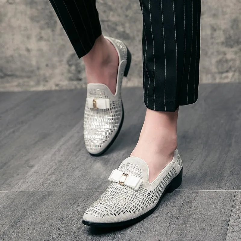 Santimon Men's Leather Loafers Rhinestone Formal Dress Shoes Banquet with Bowtie Penny Flats Slip-On Prom Wedding Tuxedo Shoes