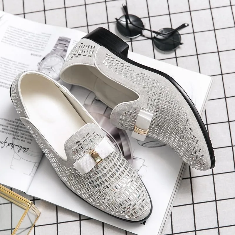 Santimon Men's Leather Loafers Rhinestone Formal Dress Shoes Banquet with Bowtie Penny Flats Slip-On Prom Wedding Tuxedo Shoes