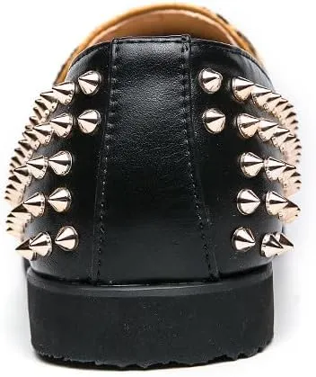 Santimon Mens Suede Leopard Loafers Leather Back Spiked Slip on Dress Shoes Slipper Luxury Fashion Penny Prom Shoes