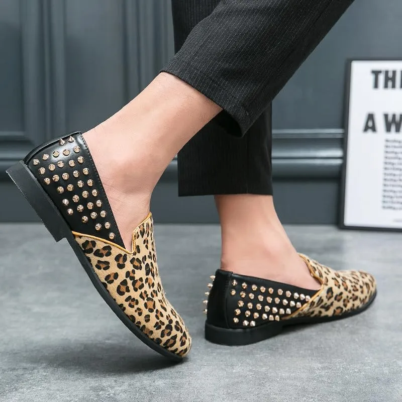Santimon Mens Suede Leopard Loafers Leather Back Spiked Slip on Dress Shoes Slipper Luxury Fashion Penny Prom Shoes