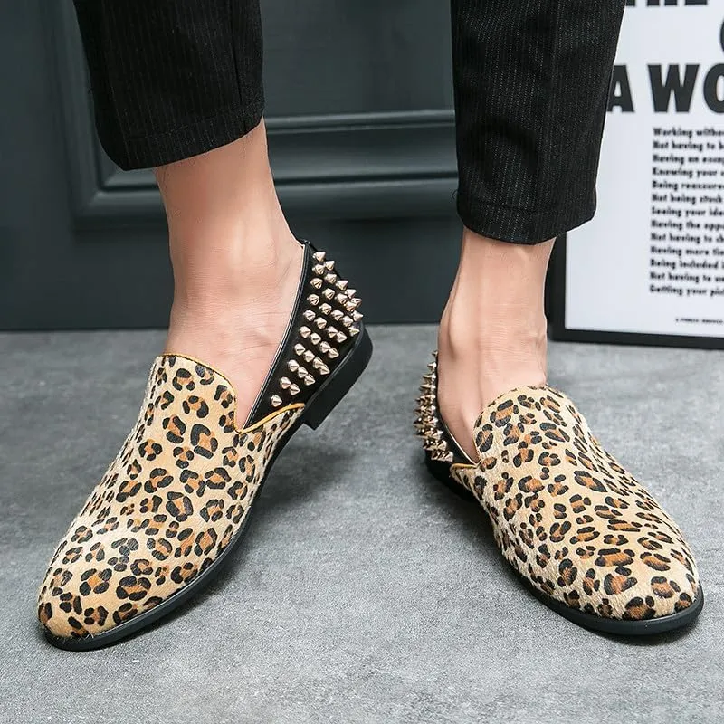 Santimon Mens Suede Leopard Loafers Leather Back Spiked Slip on Dress Shoes Slipper Luxury Fashion Penny Prom Shoes