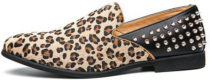 Santimon Mens Suede Leopard Loafers Leather Back Spiked Slip on Dress Shoes Slipper Luxury Fashion Penny Prom Shoes
