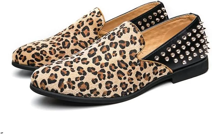 Santimon Mens Suede Leopard Loafers Leather Back Spiked Slip on Dress Shoes Slipper Luxury Fashion Penny Prom Shoes
