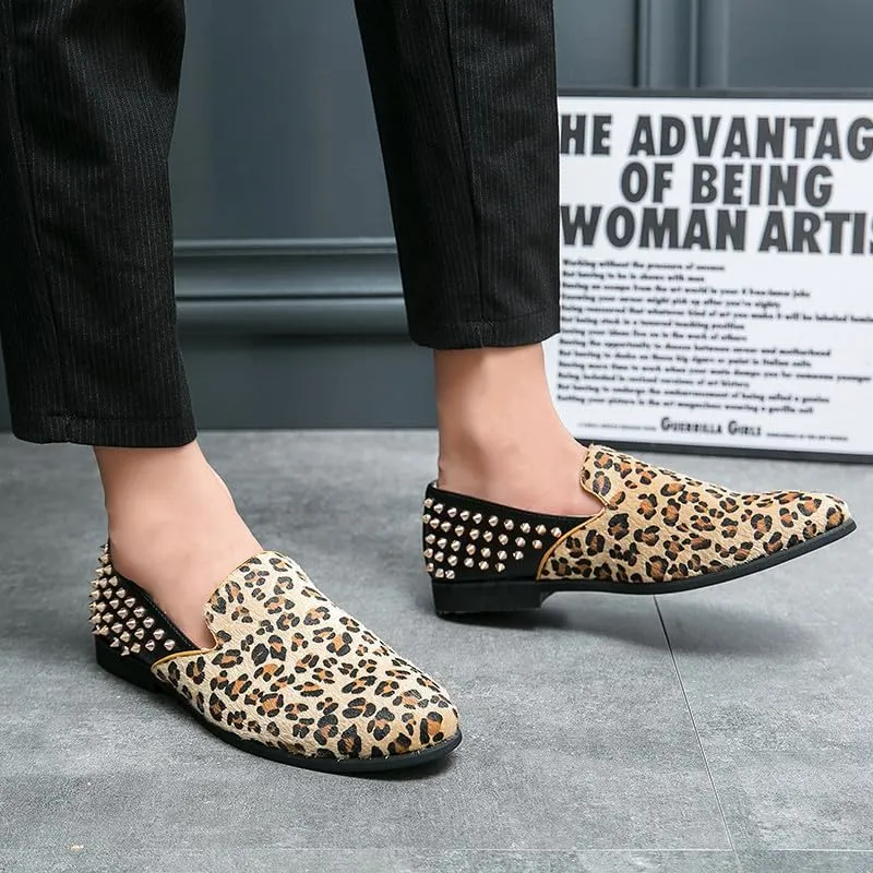 Santimon Mens Suede Leopard Loafers Leather Back Spiked Slip on Dress Shoes Slipper Luxury Fashion Penny Prom Shoes