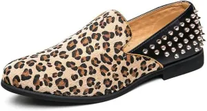 Santimon Mens Suede Leopard Loafers Leather Back Spiked Slip on Dress Shoes Slipper Luxury Fashion Penny Prom Shoes