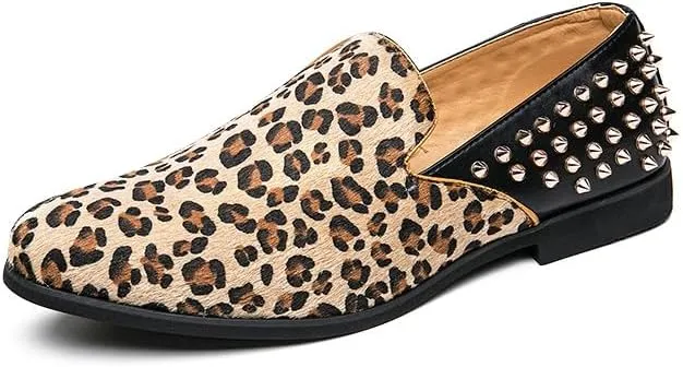 Santimon Mens Suede Leopard Loafers Leather Back Spiked Slip on Dress Shoes Slipper Luxury Fashion Penny Prom Shoes