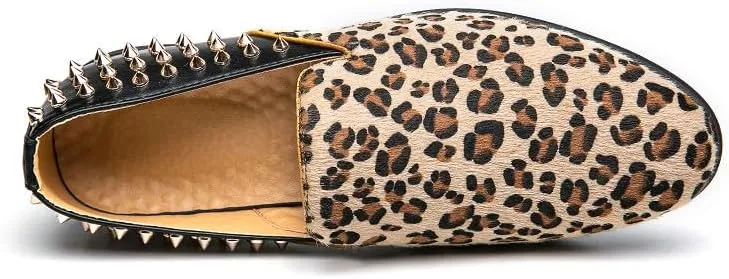 Santimon Mens Suede Leopard Loafers Leather Back Spiked Slip on Dress Shoes Slipper Luxury Fashion Penny Prom Shoes