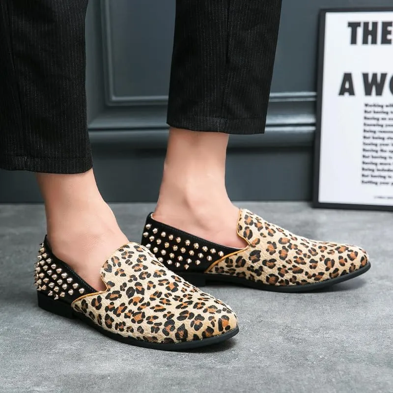 Santimon Mens Suede Leopard Loafers Leather Back Spiked Slip on Dress Shoes Slipper Luxury Fashion Penny Prom Shoes