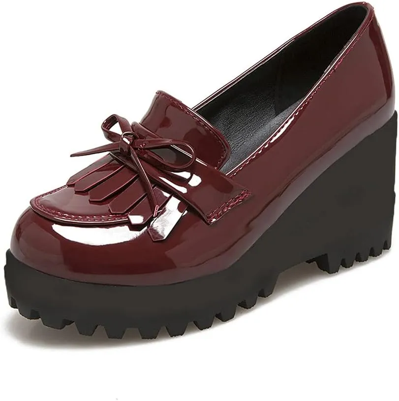Shinelly Women Patent Leather Loafers Platform Wedge Tassel Oxford Slip On Fringed Pump