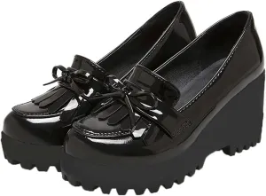 Shinelly Women Patent Leather Loafers Platform Wedge Tassel Oxford Slip On Fringed Pump