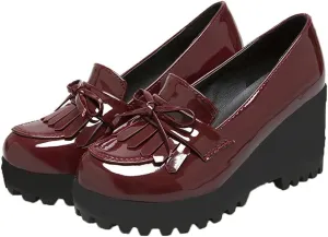 Shinelly Women Patent Leather Loafers Platform Wedge Tassel Oxford Slip On Fringed Pump