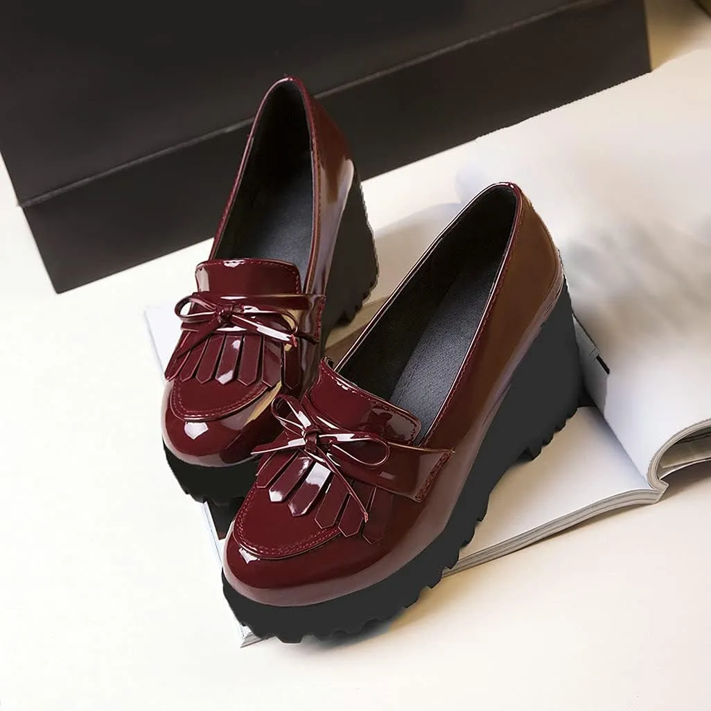 Shinelly Women Patent Leather Loafers Platform Wedge Tassel Oxford Slip On Fringed Pump