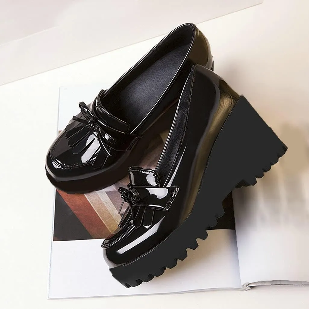 Shinelly Women Patent Leather Loafers Platform Wedge Tassel Oxford Slip On Fringed Pump