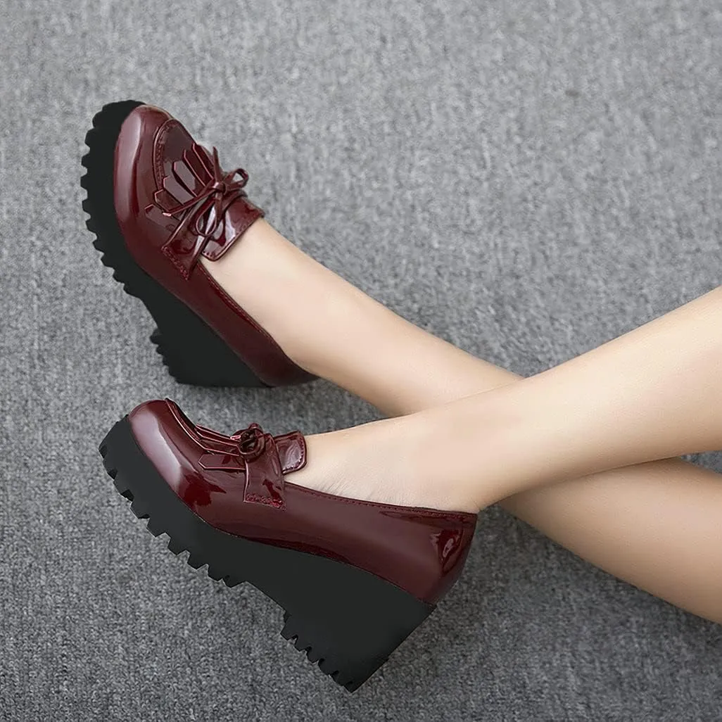 Shinelly Women Patent Leather Loafers Platform Wedge Tassel Oxford Slip On Fringed Pump