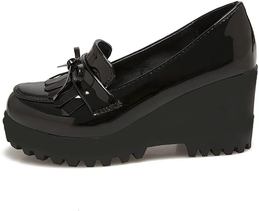 Shinelly Women Patent Leather Loafers Platform Wedge Tassel Oxford Slip On Fringed Pump