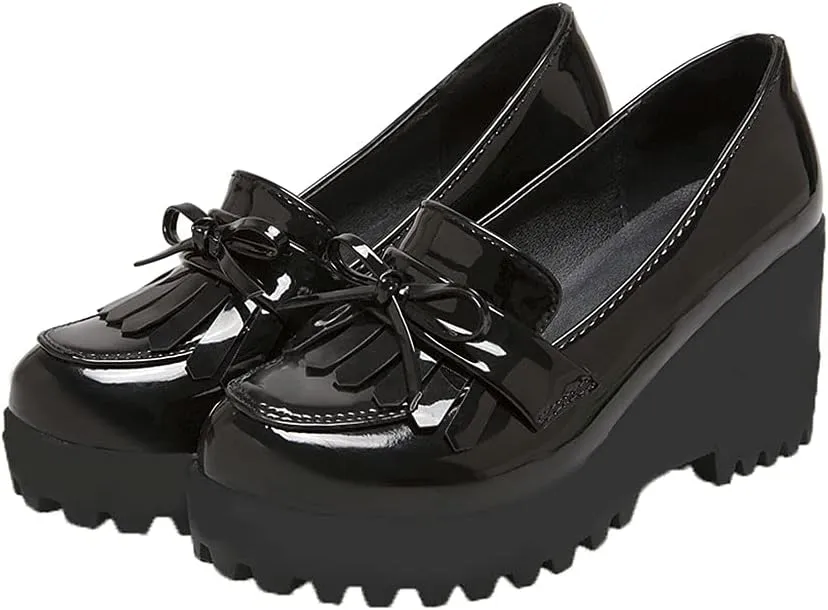 Shinelly Women Patent Leather Loafers Platform Wedge Tassel Oxford Slip On Fringed Pump