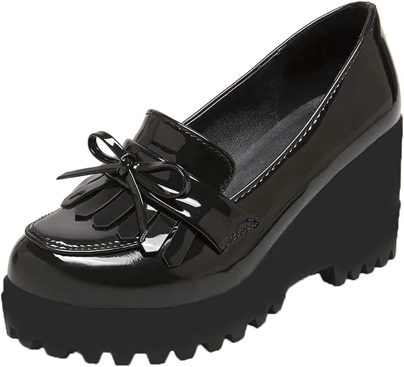 Shinelly Women Patent Leather Loafers Platform Wedge Tassel Oxford Slip On Fringed Pump