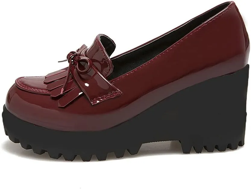 Shinelly Women Patent Leather Loafers Platform Wedge Tassel Oxford Slip On Fringed Pump
