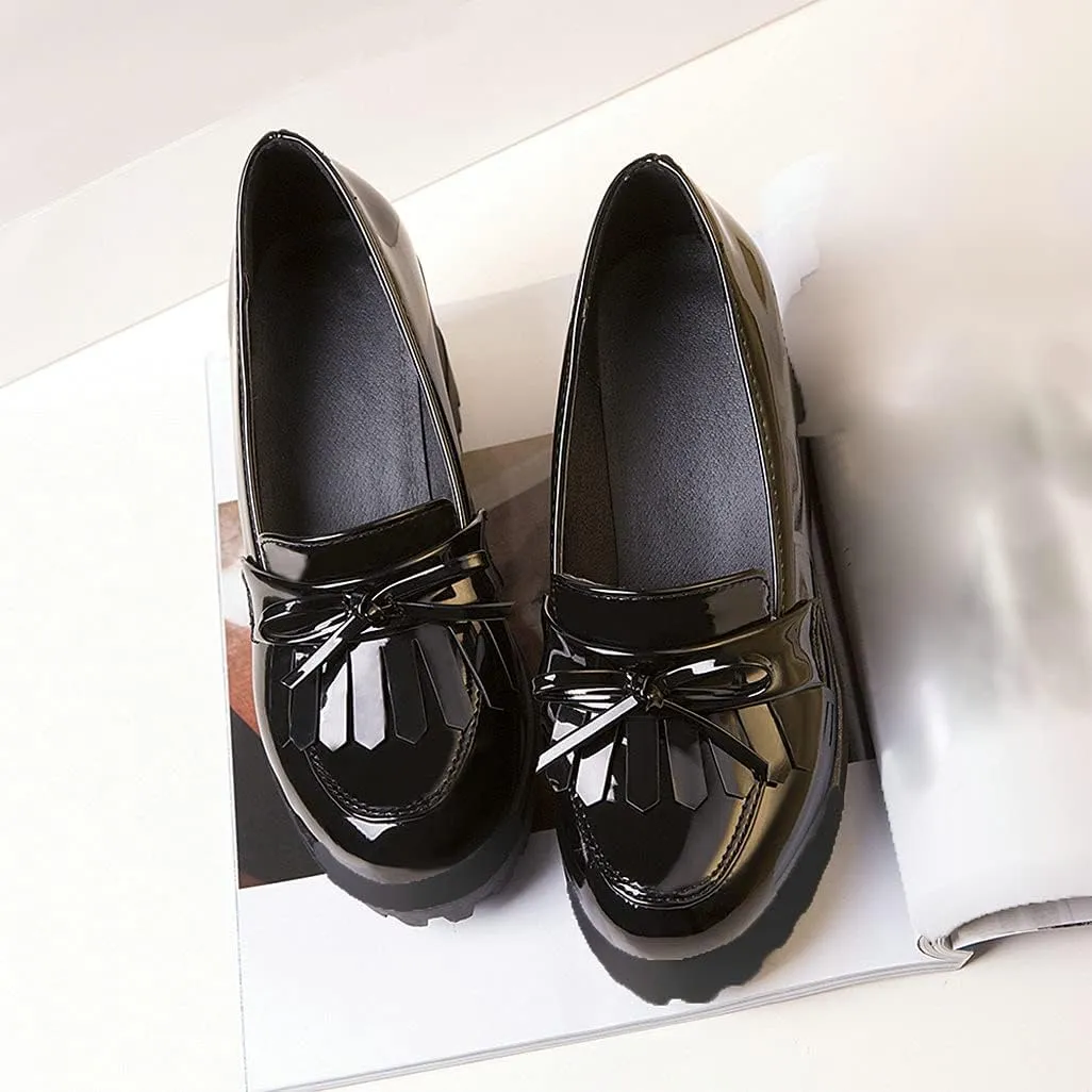 Shinelly Women Patent Leather Loafers Platform Wedge Tassel Oxford Slip On Fringed Pump