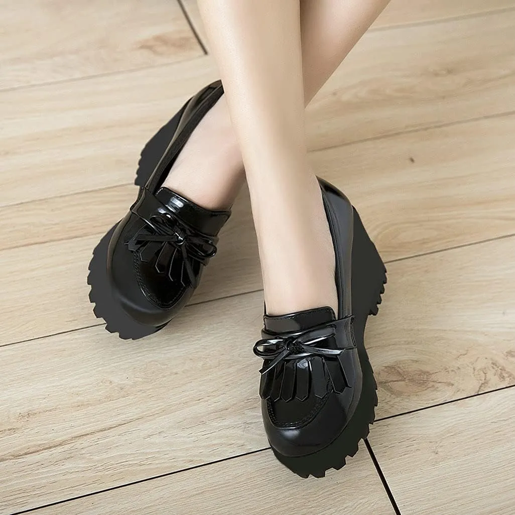 Shinelly Women Patent Leather Loafers Platform Wedge Tassel Oxford Slip On Fringed Pump