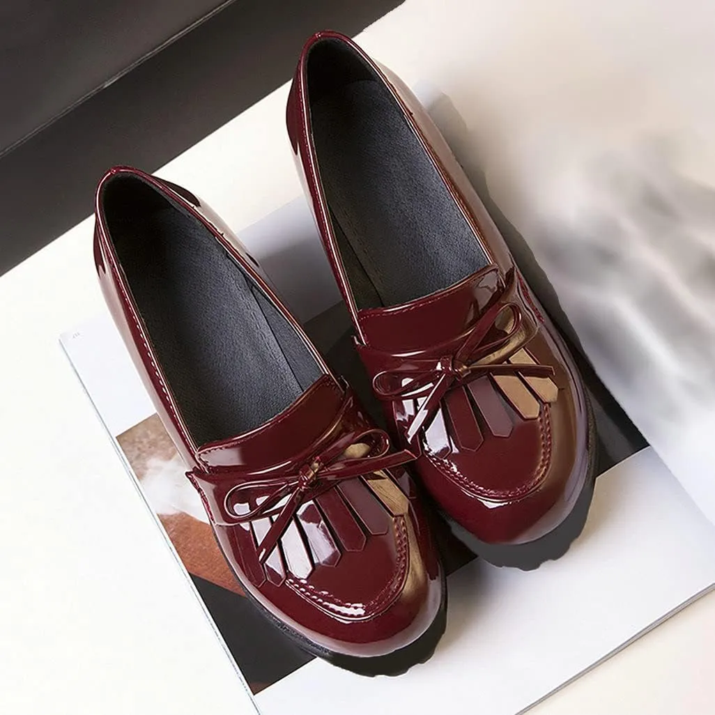 Shinelly Women Patent Leather Loafers Platform Wedge Tassel Oxford Slip On Fringed Pump