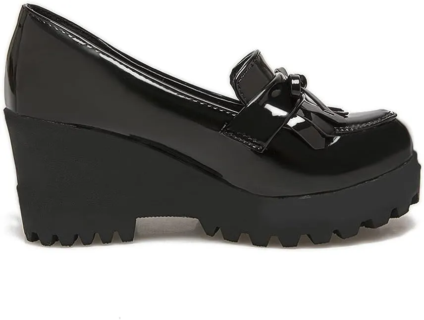 Shinelly Women Patent Leather Loafers Platform Wedge Tassel Oxford Slip On Fringed Pump