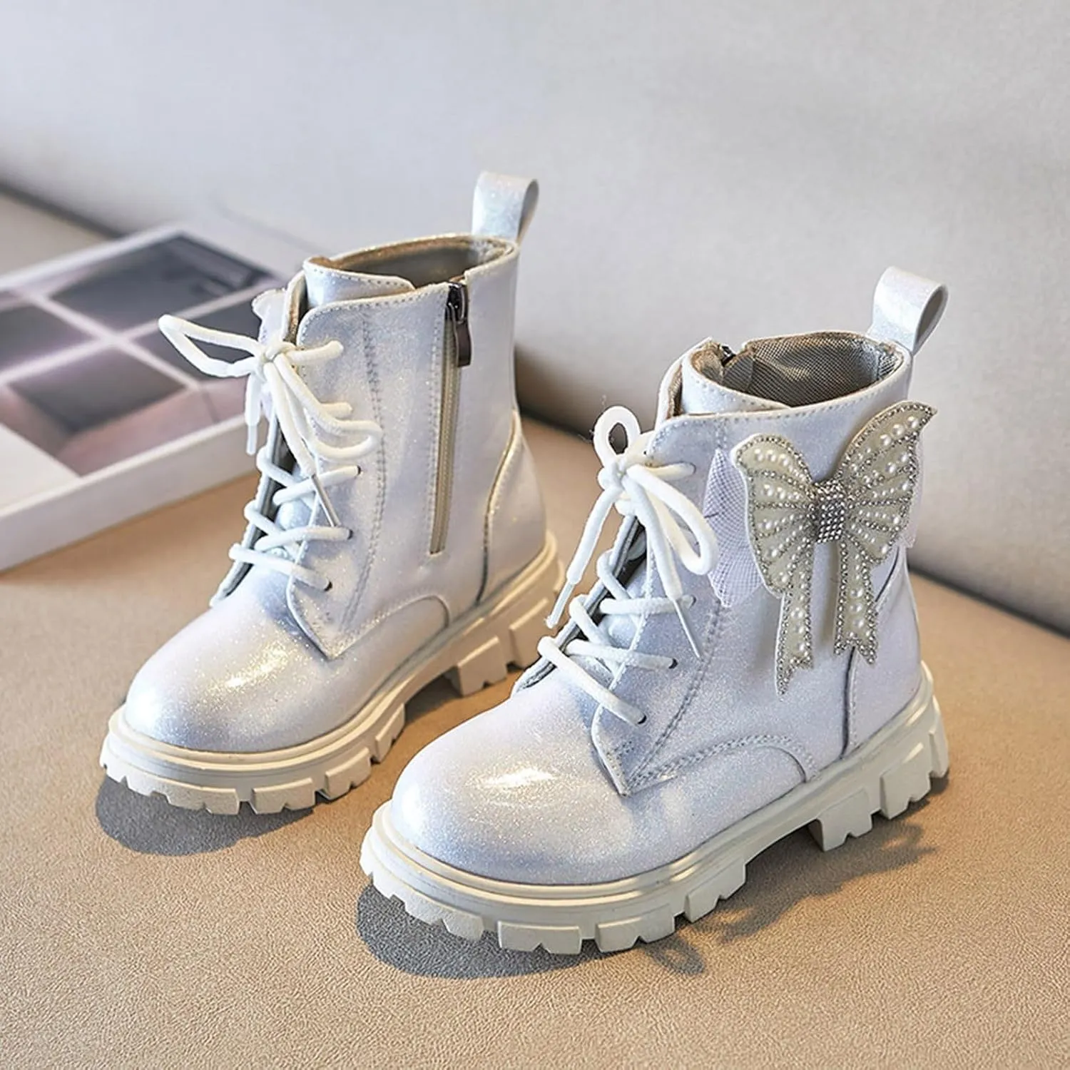 Short Boots for Girls Little Kid Side Zipper Combat Shoes with Lace up Boots Work Boots for Boys Girls