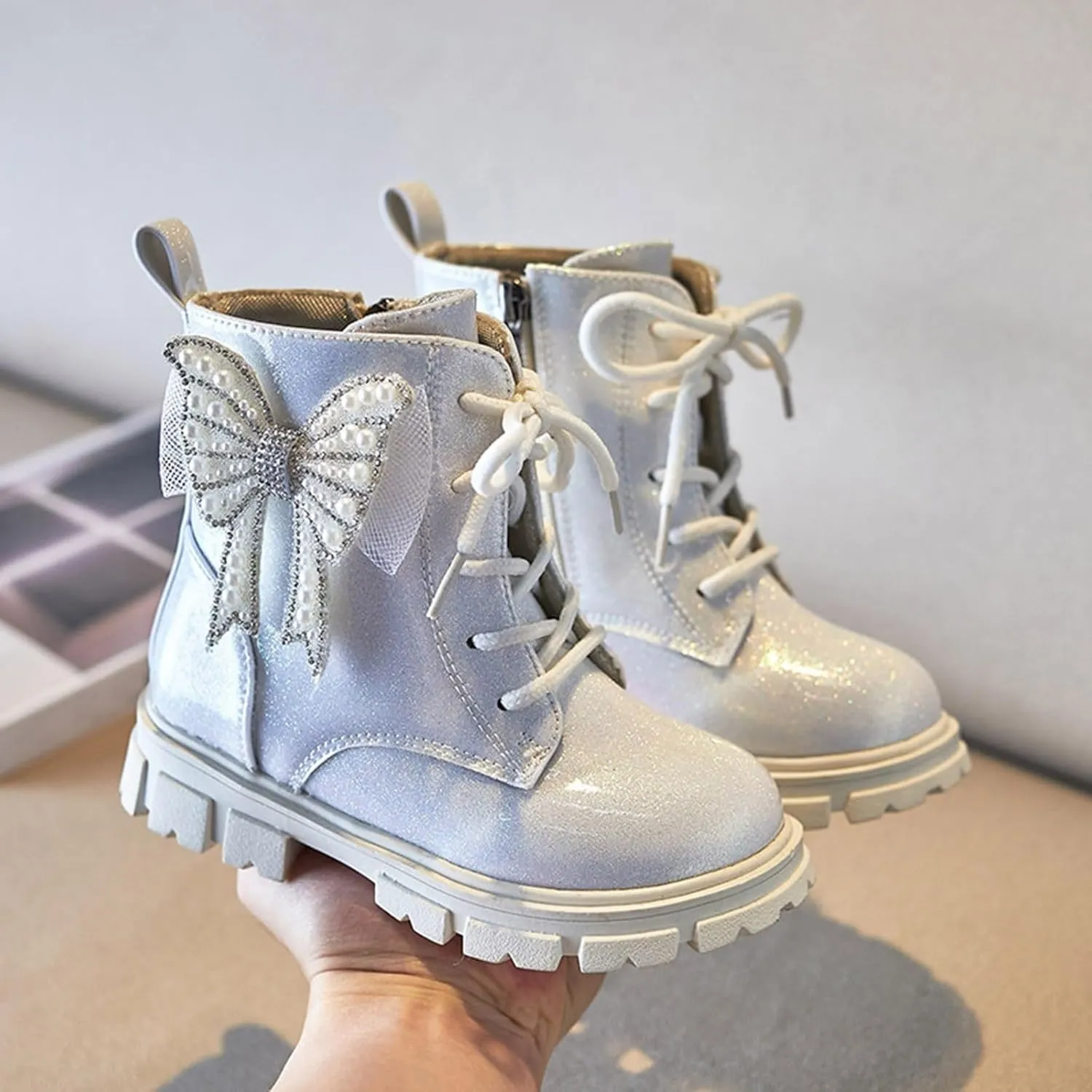 Short Boots for Girls Little Kid Side Zipper Combat Shoes with Lace up Boots Work Boots for Boys Girls