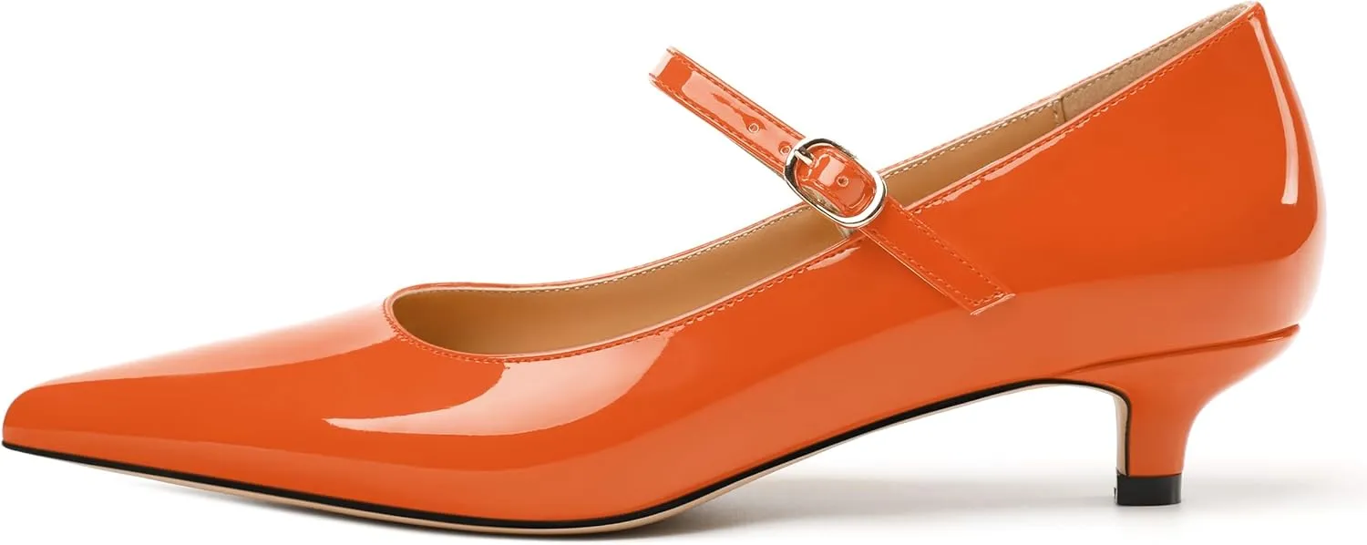 SKYSTERRY Mary Jane Shoes Women Pointed Closed Toe Low Kitten Heels Patent Leather Shoes Ankle Buckle Pumps Strappy Heels Dress Shoes for Women Work Comfortable Elegant