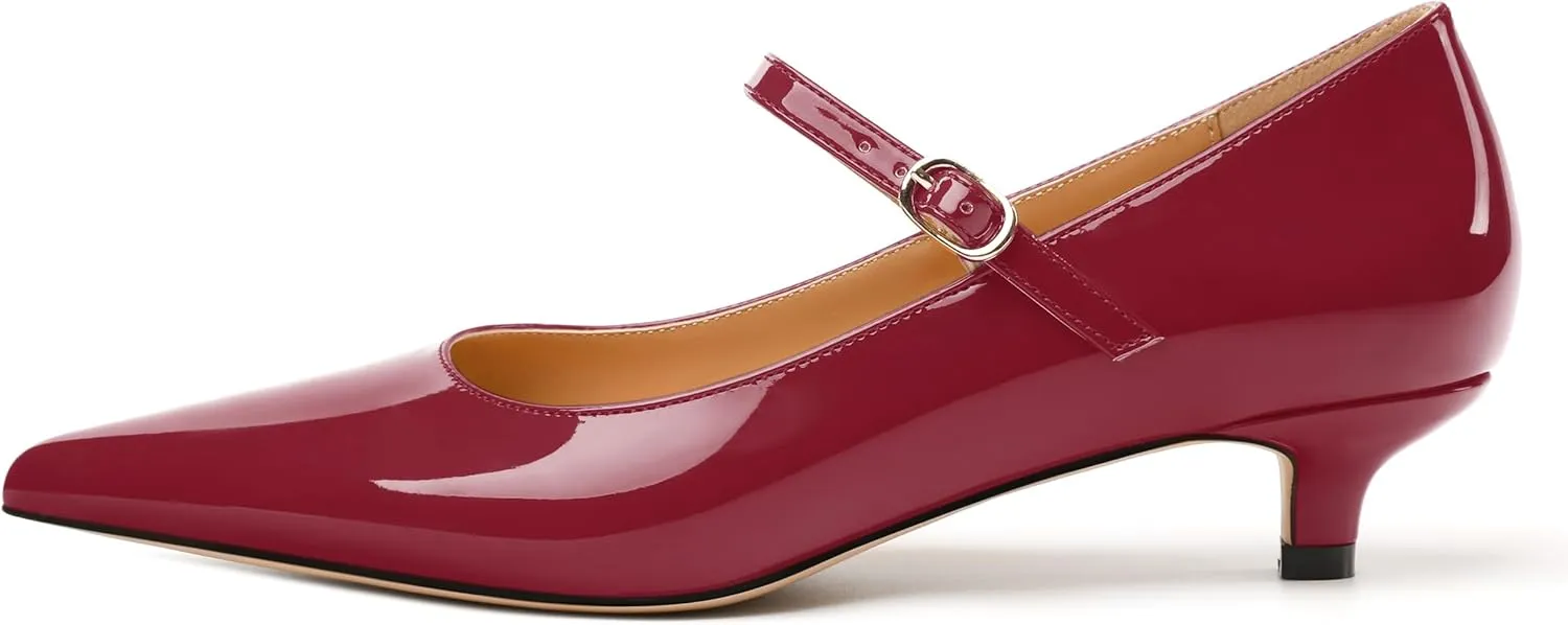 SKYSTERRY Mary Jane Shoes Women Pointed Closed Toe Low Kitten Heels Patent Leather Shoes Ankle Buckle Pumps Strappy Heels Dress Shoes for Women Work Comfortable Elegant