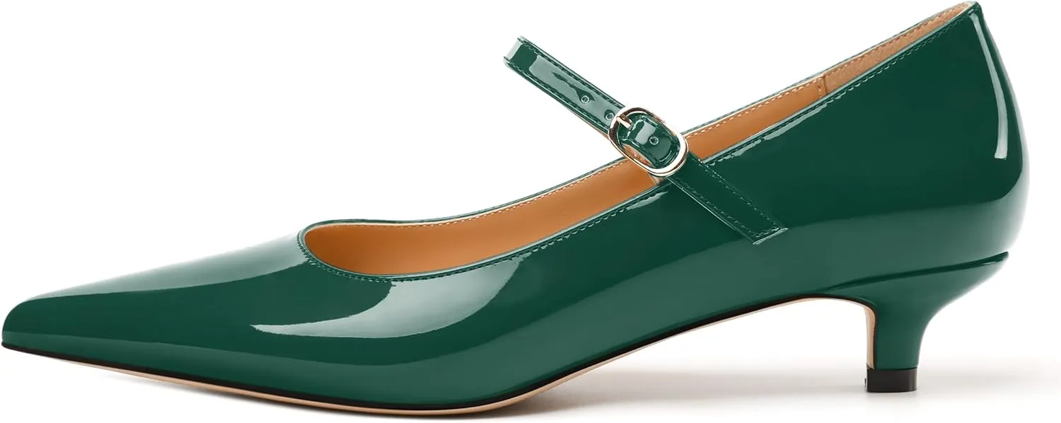 SKYSTERRY Mary Jane Shoes Women Pointed Closed Toe Low Kitten Heels Patent Leather Shoes Ankle Buckle Pumps Strappy Heels Dress Shoes for Women Work Comfortable Elegant
