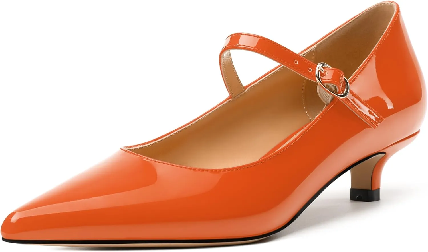 SKYSTERRY Mary Jane Shoes Women Pointed Closed Toe Low Kitten Heels Patent Leather Shoes Ankle Buckle Pumps Strappy Heels Dress Shoes for Women Work Comfortable Elegant