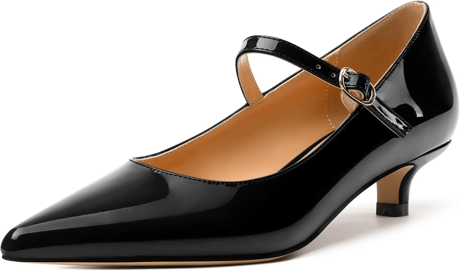SKYSTERRY Mary Jane Shoes Women Pointed Closed Toe Low Kitten Heels Patent Leather Shoes Ankle Buckle Pumps Strappy Heels Dress Shoes for Women Work Comfortable Elegant