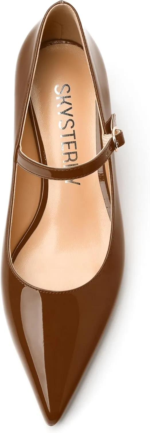 SKYSTERRY Mary Jane Shoes Women Pointed Closed Toe Low Kitten Heels Patent Leather Shoes Ankle Buckle Pumps Strappy Heels Dress Shoes for Women Work Comfortable Elegant