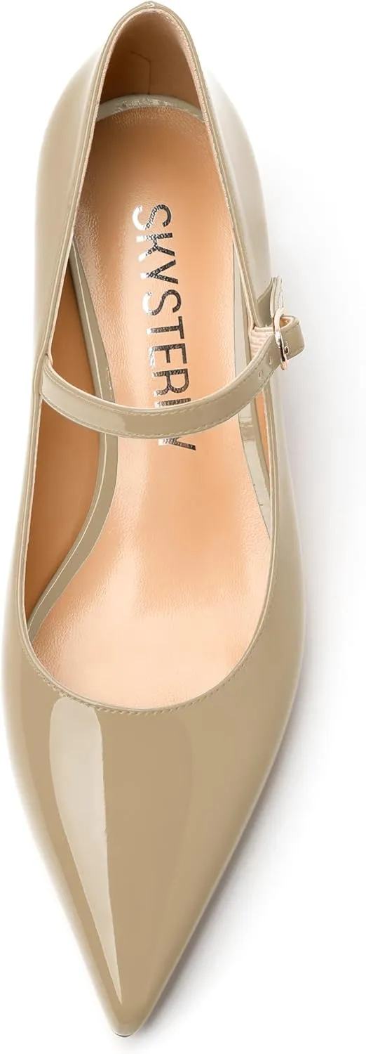 SKYSTERRY Mary Jane Shoes Women Pointed Closed Toe Low Kitten Heels Patent Leather Shoes Ankle Buckle Pumps Strappy Heels Dress Shoes for Women Work Comfortable Elegant