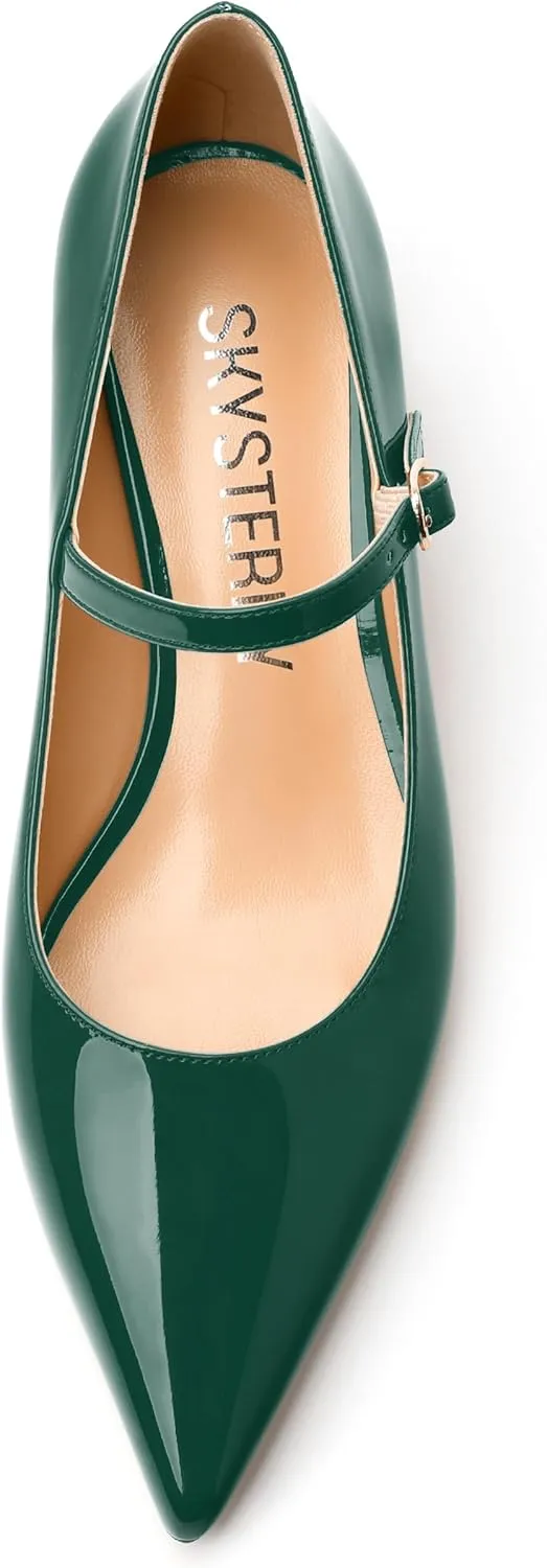 SKYSTERRY Mary Jane Shoes Women Pointed Closed Toe Low Kitten Heels Patent Leather Shoes Ankle Buckle Pumps Strappy Heels Dress Shoes for Women Work Comfortable Elegant